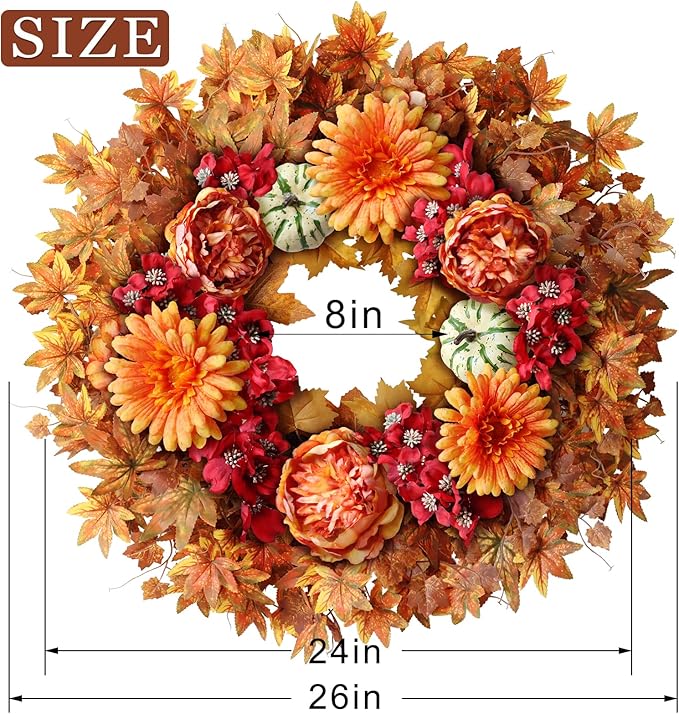 26" Fall Wreath for Front Door - Large Artificial Maple Leaves Fake Silk Peony Faux Pumpkin Outdoor Wreath for Porch, Window,Farmhouse,Home,Thanksgiving Day Harvest Festival Autumn Decor-Ruum Studio Home