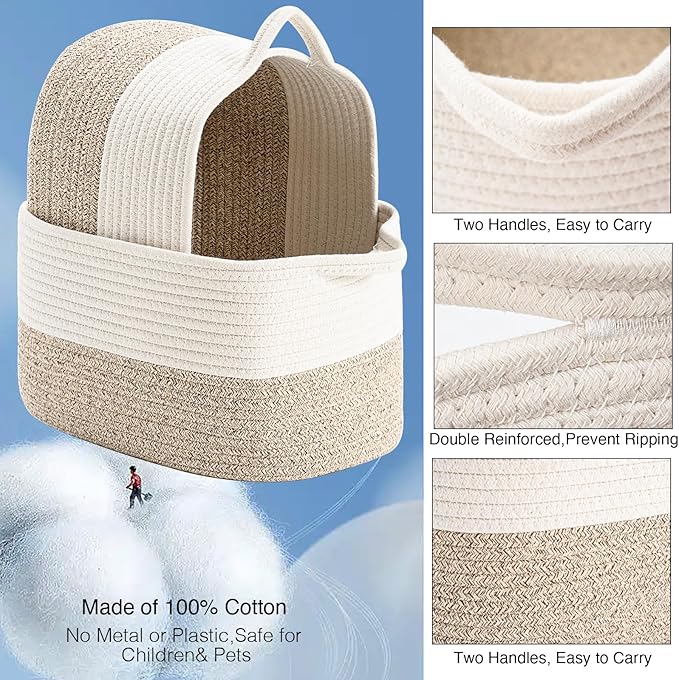 Cotton Rope Woven Storage Basket, Used for Baby Hamper Toy Organizer, Gift Baskets Empty,Kids Laundry Basket,Baby Blanket Basket. Size 15x10x8.7 Inches. (White&Brown-3PCS)-Ruum Studio Home