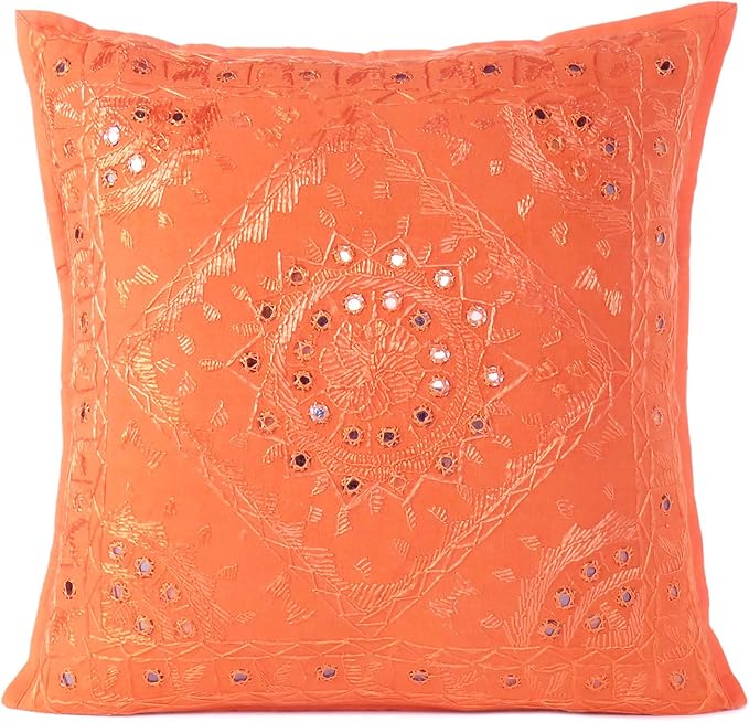 Eyes of India Embroidered Decorative Boho Throw Pillow Cover with Mirrors, Handmade Bohemian Accent Cushion Case for Sofa Couch Bedroom Living Room (Orange, 16" x 16")-Ruum Studio Home