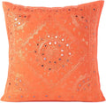 Eyes of India Embroidered Decorative Boho Throw Pillow Cover with Mirrors, Handmade Bohemian Accent Cushion Case for Sofa Couch Bedroom Living Room (Orange, 16" x 16")-Ruum Studio Home