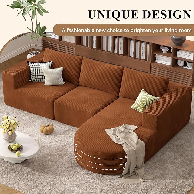 Modular Sectional Sofa with L-Shape Chaise,Cloud Sectional Modern Sleeper Couch with Deep Seat,Sponge Compression Sofas No Assembly Required(Brown-Corduroy Fabric) 1PCS-Ruum Studio Home