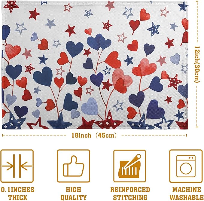 Red Blue Heart Stars 4th of July Placemats Set of 4 Patriotic America Independence Memorial Day Linen Table Mats 12x18 Inch Washable Place Mats for Party Kitchen Dining Outdoor Indoor Decor-Ruum Studio Home