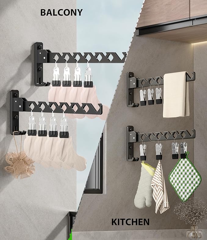 Wall Mount Coat Hanger Holder Black Clothes Drying Organizer Rack Garment Hooks Aluminium Retractable Folding Indoor Wall Mounted Hanger Space Saver for Laundry Room Bedroom Black 2 Pack with 8 Hooks-Ruum Studio Home