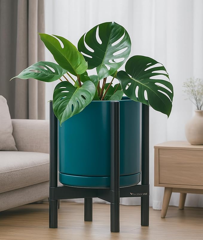 D'vine Dev Ceramic Planter with Ebony Stand - 12 Inch Modern Round Flower Pot with Wood Planter Holder, Teal, 55-B-H-4-Ruum Studio Home
