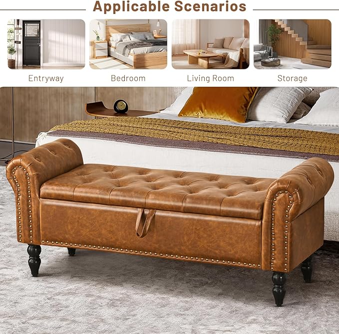 Furniliving Storage Ottoman Bench, Leather Benches End of Bed Bench with Solid Wood Legs Upholstered Ottoman Bench with Storage Indoor Bench for Living Room with Rolled Arm, Entryway, YellowBrown-Ruum Studio Home