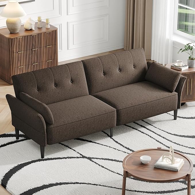 89” Futon Sofa Bed, Linen Comfy Futon Couch Bed with 2 Square Pillows, Convertible Sleeper Sofa with Adjustable Backrest& Armrests, Modern Loveseat Sleeper for Living Room, Bedroom, Brown-Ruum Studio Home