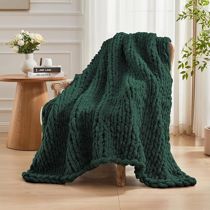 Carriediosa Chunky Knit Throw Blanket 60" X 80" Twin, 100% Hand Made Large Chenille Loop Yarn Soft Fluffy Throws for Couch Sofa Bed, Big Crochet Cozy Heavy Thick Cable Woven Blankets, Dark Green-Ruum Studio Home