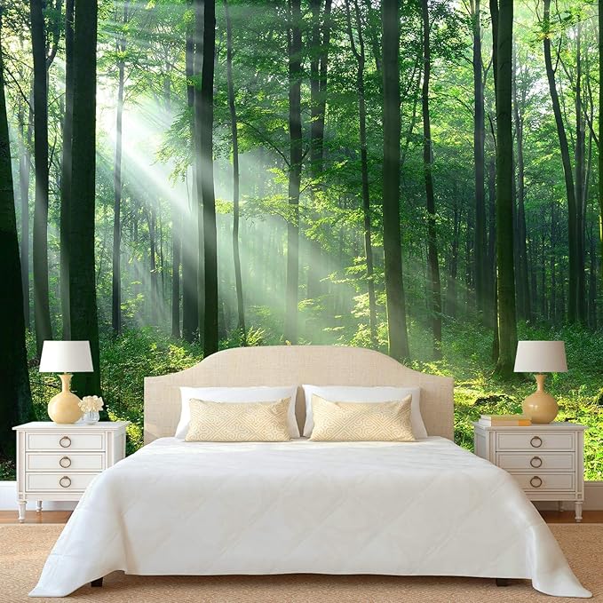 WFBHUA-Green Woodland Wallpaper Mural Foggy Forest Tree Wallpaper Nature Landscape Wall Murals for Bathroom Living Room (Not Peel and Stick)-Ruum Studio Home