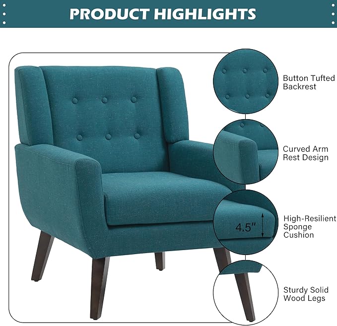 UIXE Accent Chair Modern Arm Chair, Mid Century Upholstered Club Armchair, Comfy Single Lounge Sofa Living Room Button Tufted Armrest Reading Seat Bedroom Side Seating, Turquoise Blue-Ruum Studio Home
