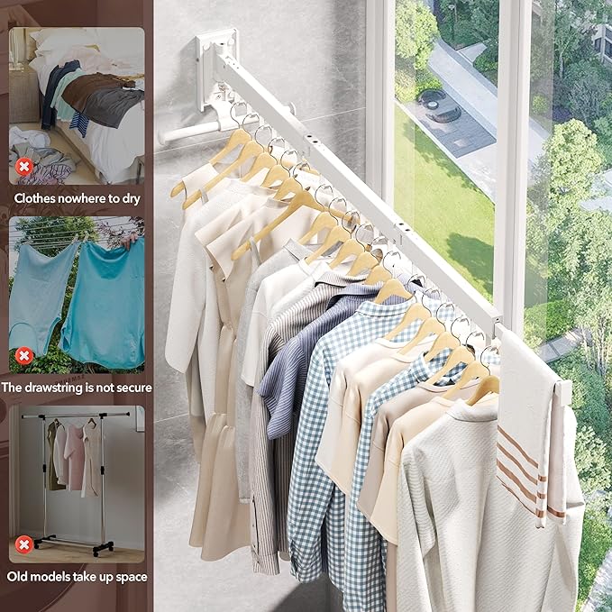 Clothes Drying Rack,Laundry Drying Rack Wall Mount, Wall Mounted Clothes Rack,Retractable,Collapsible(Tri-Fold),Drying Rack Clothing,can Fold Upward & Left & Right,Space Saver, White Color-Ruum Studio Home