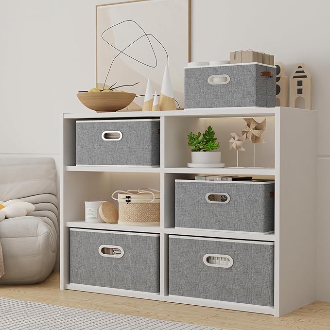 Yawinhe Foldable Storage Baskets for Shelves, Fabric Closet Organizers, Bins with 3 Handles, Cubes for Clothes, Grey, 15''Lx9.8''Wx8.3''H, 4-Pack-Ruum Studio Home