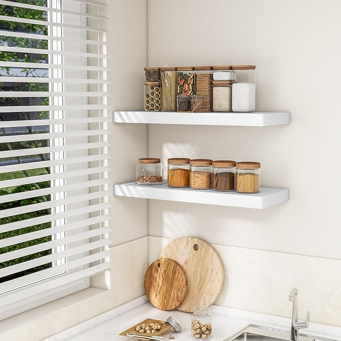 RICHFOCUS 31.5Inch Floating Shelves for Wall 2 Pack Shelves for Bedroom|Kitchen|Bathroom Wall Mounted Rustic Wood Floating Shelf with Invisible Brackets for Books|Storage|Decor, White-Ruum Studio Home