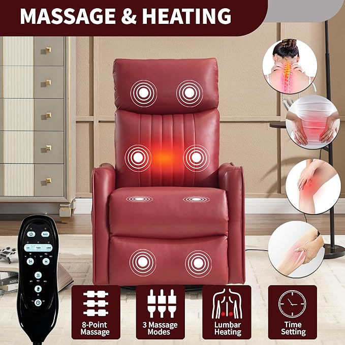 Manual Swivel Rocker Recliner Chair for Adults, Overstuffed Reclining Glider Chair for Nursing with Vibration Massage & Heat, Living Room Rocking Recliner 2-Stage backrest, Faux Leather Red-Ruum Studio Home