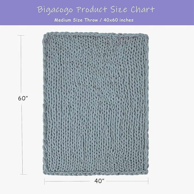 Bigacogo Chunky Knit Throw Blanket for Couch, 40x60 inches, 100% Hand Knitted with Thick Jumbo Chenille Yarn, Cozy Soft Large Rope Knot Cable Crochet Blankets for Sofa Bed Living Room, Dusty Blue-Ruum Studio Home