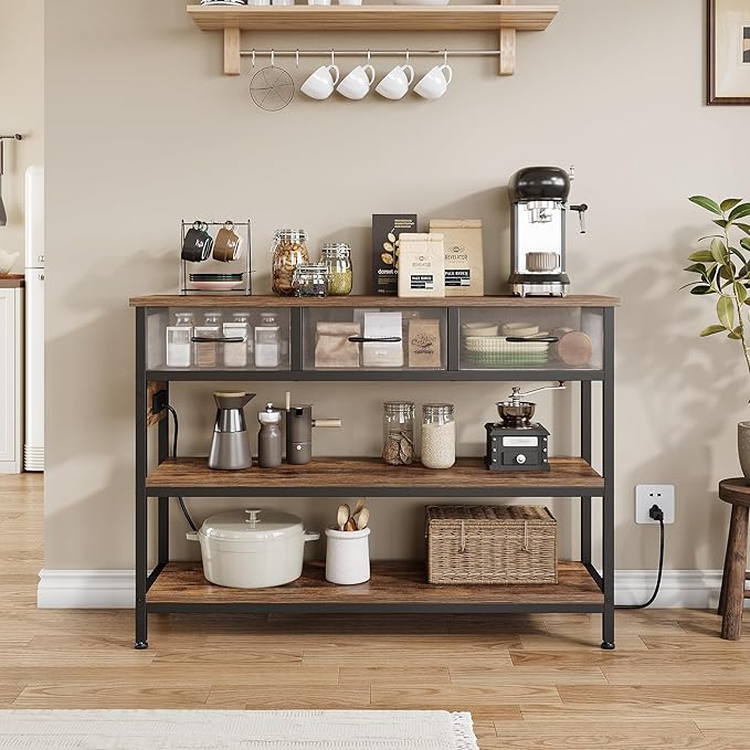 Lulive Entryway Table with Power Outlets, Console Table with 3 Fabric Drawers, Sofa Table for Living Room, Hallway, Couch, Foyer, Height Adjustable (Rustic Brown, 43")-Ruum Studio Home