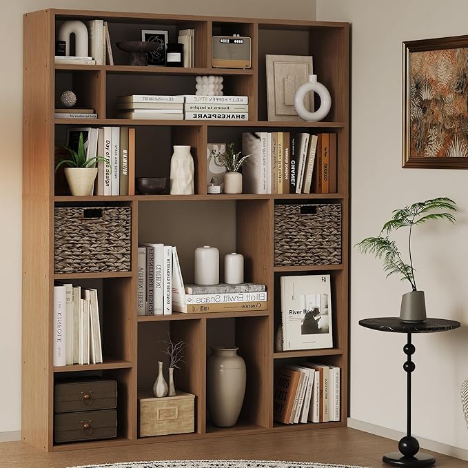 6-Tier Large Open Bookcase 71” Tall Sturdy Wooden Bookshelf with Baskets,Modern Style 16-Cube Home Display Shelf for Bedroom, Living Room（Oak Color）-Ruum Studio Home