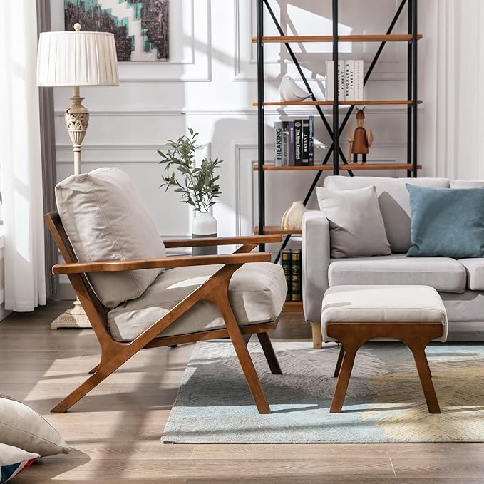 Wahson Mid Century Arm Chair and Ottoman Set, Upholstered Accent Armchair with Wood Frame and Canvas Cushions, Leisure Slipper Chair for Living Room/Bedroom, Beige-Ruum Studio Home