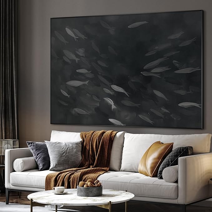 SIGNWIN 36"x46" Extra Large Framed Wall Art Monochrome Fish Silhouettes Illustration for Home Living Room Bedroom Decor (Frame Assembly Required)-Ruum Studio Home