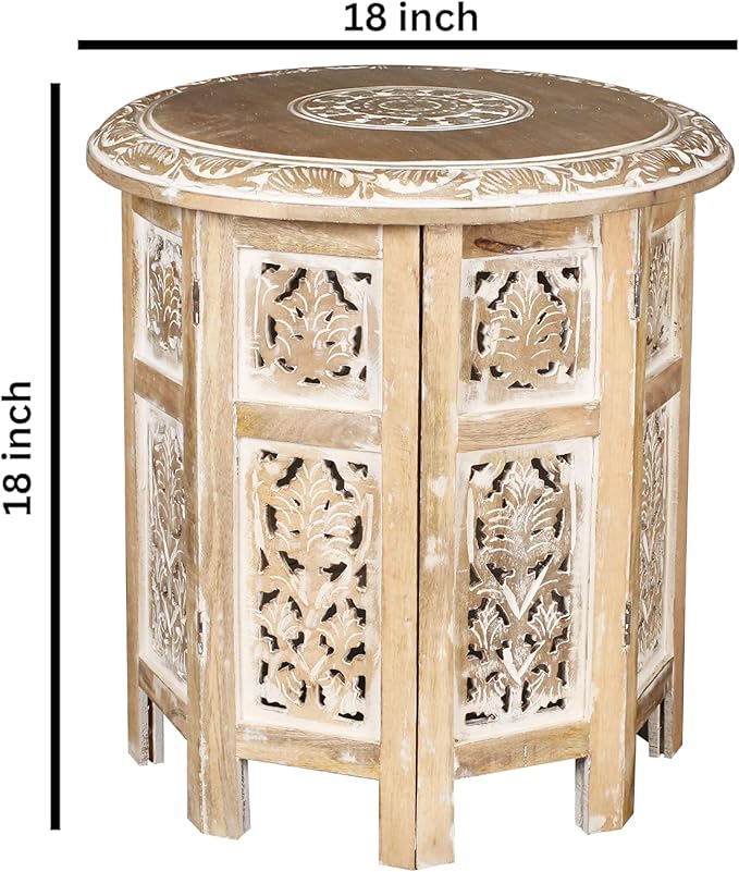 Lightnpro Hand Carved Solid Mango Wood Octagonal Accent Table - 18"×18" White Wash Farmhouse Vintage Home Décor Round End Table for Living Room, Bedroom, Entryway - Rustic Boho Side Table-Ruum Studio Home