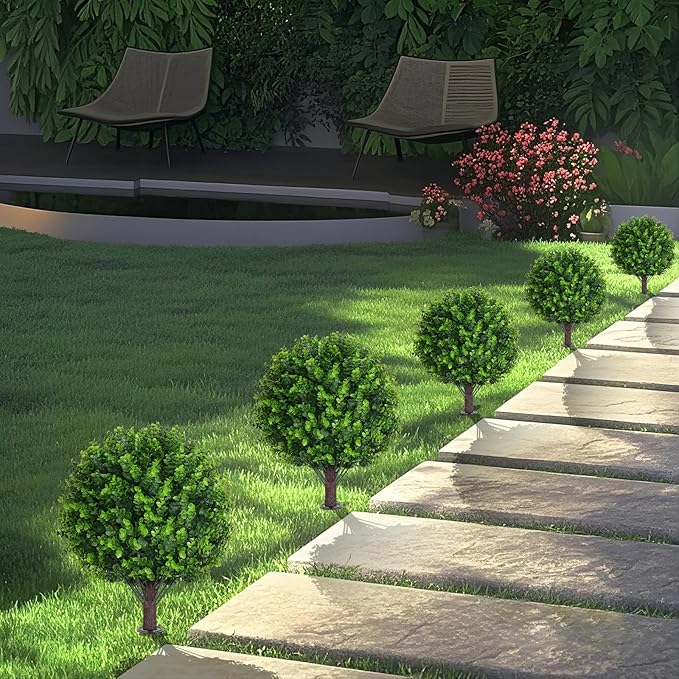 Artificial Topiary Tree with Eucalyptus, Set of 2 Artificial Shrub Bushes with Ground Spike, Fake Evergreen Tree for Porch, Artificial Plants for Outdoor Planters Indoor UV Resistant-Ruum Studio Home