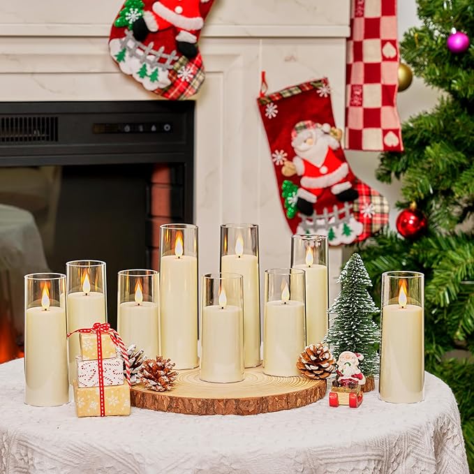 Amagic Ivory Flameless Candles with Remote, Battery Operated Candles with Timer, Acrylic Plexiglass Flickering LED Fake Candle for Wedding, Holiday, Home Decor, Set of 9, D2.2 x H5 6" 7"-Ruum Studio Home