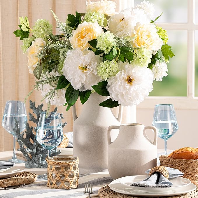 Mitt&Ditt Ceramic Flower Vase with Handles, 8 inch Tall Off-White Vase, Decorative Terracotta Vases, Farmhouse Rustic Pottery Vases for Home Decor, Living Room, Table-Ruum Studio Home