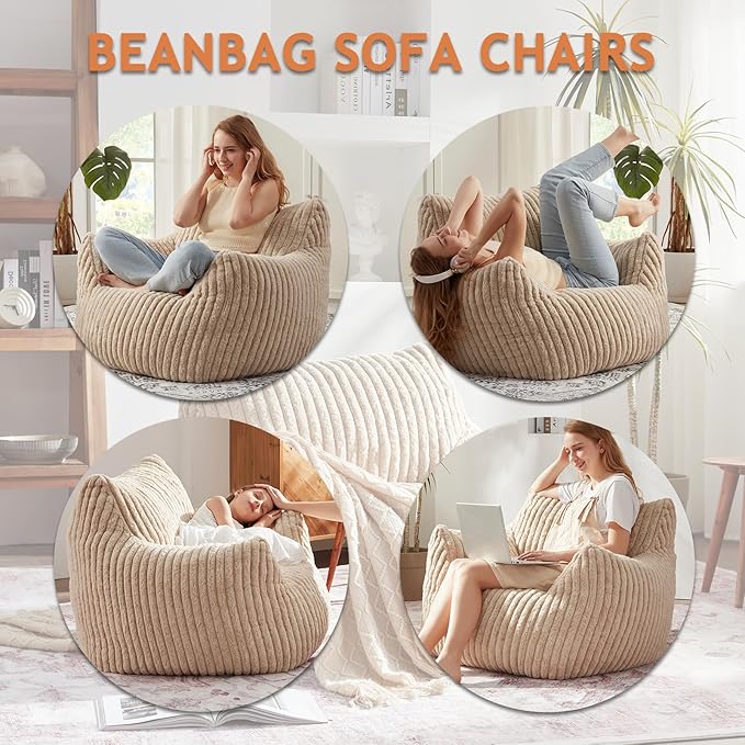 Giant Bean Bag Chairs for Adults with Filling Plush Fluffy Bean Bag Chairs for Teens with Armrests Comfy BeanBag Lazy Couch Sofa Chair for Bedroom Living Room Reading-Ruum Studio Home