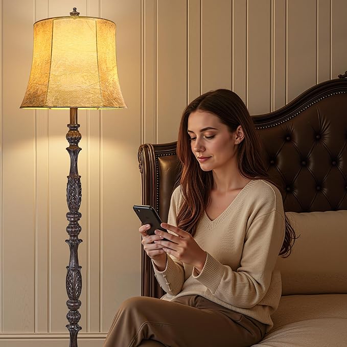 Scenekoy Vintage 66” Tall Floor Lamp for Living Room Bedroom, Retro Resin Carved Standing Lamp with Faux Leather Shade, 3-Way Dimmable Bulb, Rotary Switch Rustic Corner Light for Home Decor-Ruum Studio Home