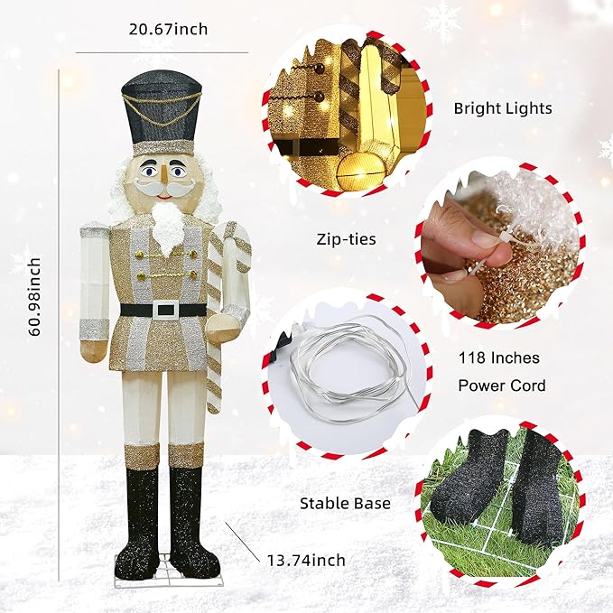 61Inch Nutcracker Christmas Decor Outdoor with LEDs 5 Feet Lighted Large Nutcracker Lighted Christmas Decorations Outdoor with Stakes & Zip Ties for Xmas Yard, Porch, Lawn-Ruum Studio Home