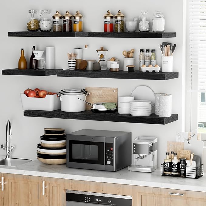Fun Memories Floating Shelves - 2 Pack 12 Inch Deep Rustic Wooden Wall Shelves - Extra Deeper & Thicker Wall Mounted Storage Shelf for Kitchen, Farmhouse - 16" W x 12" D x 1.5" H - Rustic Black-Ruum Studio Home