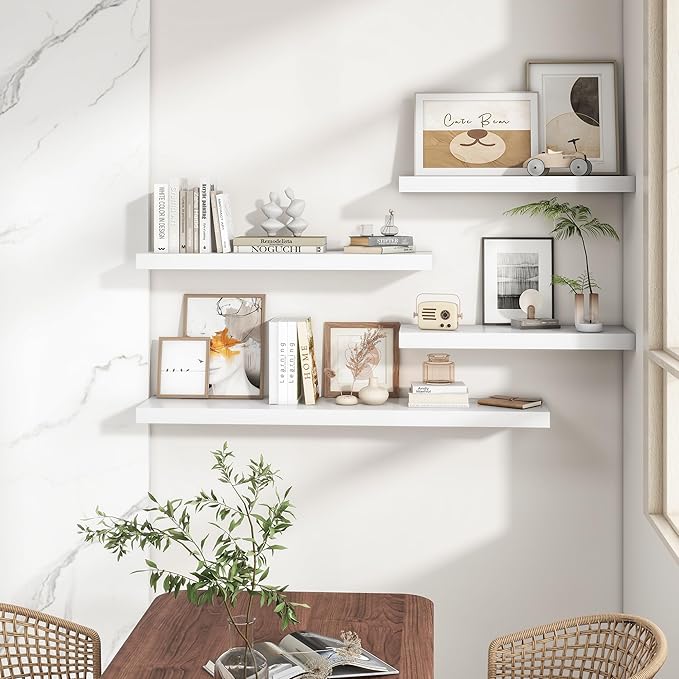 RICHFOCUS 40Inch Floating Shelves for Wall 2 Pack Shelves for Bedroom|Kitchen|Bathroom Wall Mounted Rustic Wood Floating Shelf with Invisible Brackets for Books|Storage|Decor, White-Ruum Studio Home
