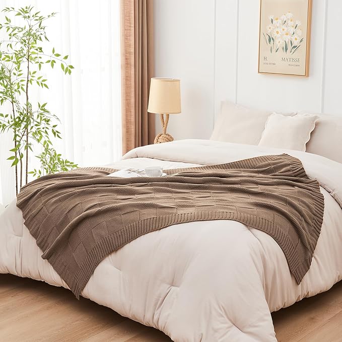 CozeCube Check Knit Throw Blanket, Light Brown Checkered Throw for Couch, Decorative Christmas Soft Cozy Warm Knitted Blanket for Bed Sofa Living Room, 50"X60"-Ruum Studio Home