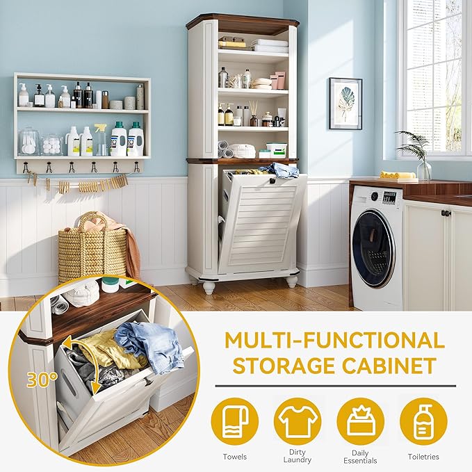 DWVO Tilt Out Laundry Hamper, Farmhouse 4-Tier Storage Cabinet with Removable Laundry Basket, Laundry Hamper Organizer with 2 Adjustable Shelves for Laundry Room, Bathroom, White-Ruum Studio Home