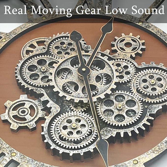30 Inch Moving Gear Wall Clock, Oversized Wall Clocks, Clock Living Room Decor, Solid Wood Frame, Battery Operated, Large Wall Clock with Steampunk Industrial for Fireplace(Machilus)-Ruum Studio Home