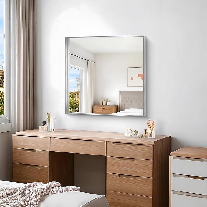 Silver Bathroom Mirror, 30x30 Inch Rectangular Framed Mirror, Large Wall Mounted Bathroom Vanity Mirror Over Sink for Bedroom,Restroom, Living Room, Hangs Vertically or Horizontally-Ruum Studio Home