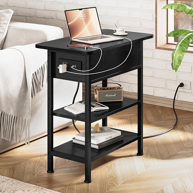 End Table with Charging Station, Flip Top Side Table with USB Ports and Outlets, 3-Tier Small Side Table with Storage for Small Space, End Tables for Living Room/Bedroom, Black-Ruum Studio Home