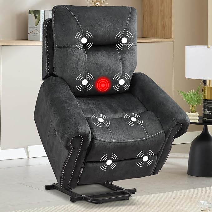 EBELLO Electric Power Recliner Chair with Massage and Heat, Soft Fabric Massage Recliner for Adults, Overstuffed Single Reclining Sofa, Vintage Rivet Mid-Century Design for Living Room, Grey-Ruum Studio Home