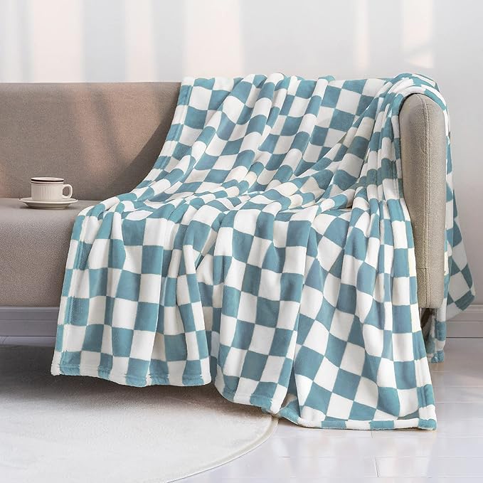 LOMAO Throw Blankets Flannel Blanket with Checkerboard Grid Pattern Soft Throw Blanket for Couch, Bed, Sofa Luxurious Warm and Cozy for All Seasons (Light Blue, 60"x80")-Ruum Studio Home