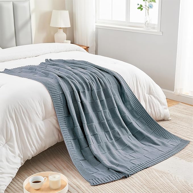 CozeCube Check Knit Throw Blanket, Dusty Blue Checkered Throw for Couch, Decorative Christmas Soft Cozy Warm Knitted Blanket for Bed Sofa Living Room, 50"X60"-Ruum Studio Home