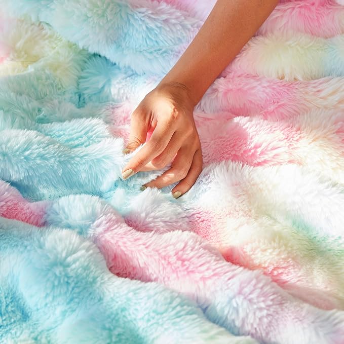 RYNGHIPY Faux Fur Throw Blanket Tie Dye Colorful Rainbow Blanket for Couch Plush Fluffy Faux Rabbit Fur Decoration Blanket for Sofa Chair Bed (Rainbow, 63''x79'')-Ruum Studio Home