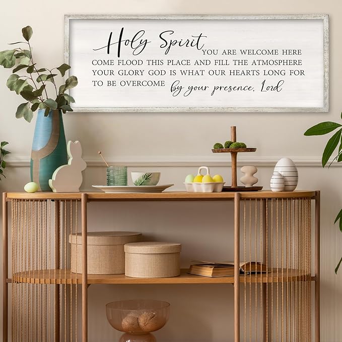 Holy Spirit You are Welcome Here Wall Decor Art 40x15 Inch Large Christian Song Bible Verse Plaque Wood Framed Sign Living Room Scripture Quote Religious For Office Wall Hanging (White)-Ruum Studio Home