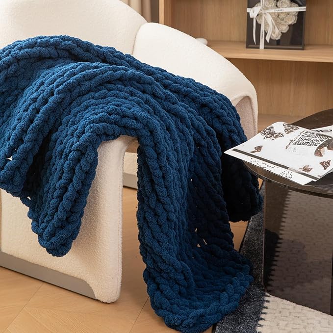 WESHIONGOO Chunky Knit Blanket Throw 40"*40" Knitted Throw Blankets for Couch Bed Fluffy Soft Blanket with Jumbo Chenille Yarn Thick 100% Handmade(Navy Blue)-Ruum Studio Home