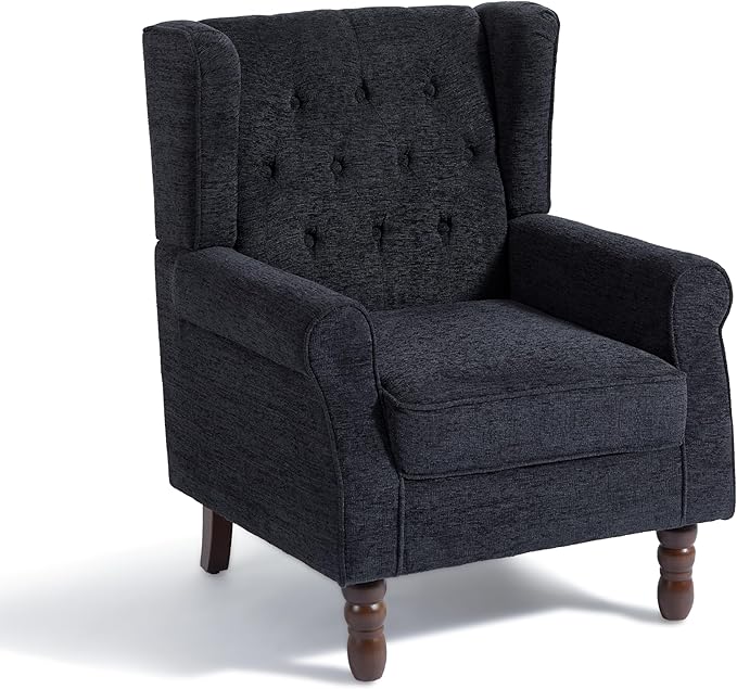 Accent Chair, Upholstered Armchair with Button Tufted High Back & Solid Wood Legs, Comfy Wingback Reading Single Sofa Chair for Small Spaces, Living Room, Bedroom (Blue, Set of 2)-Ruum Studio Home