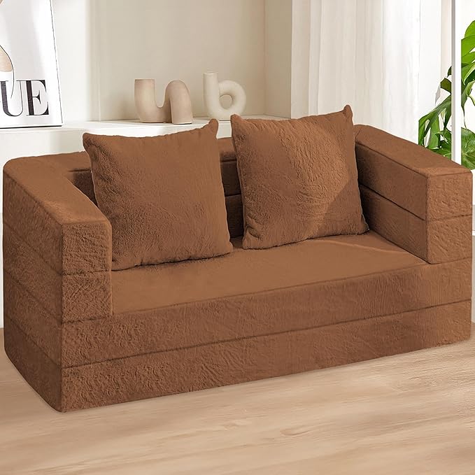 Folding Bean Bag Chair for Adults,3-in-1 Bean Bag Couch Faux Fur Floor Sofa Large Beanbag Convertible Bean Bag Sofa Bed with Pillow in Bedroom,Living Room,Apartment(Queen,Caramel)-Ruum Studio Home