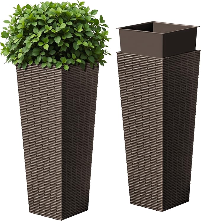 Devoko Resin Tall Planters for Outdoor Plants Set of 2, Large Taper Outdoor Planter Pots with 4 Drainage Holes, Flower Pots Modern Decor for Porch, Patio, Backyard, Home Garden (Brown, 24")-Ruum Studio Home