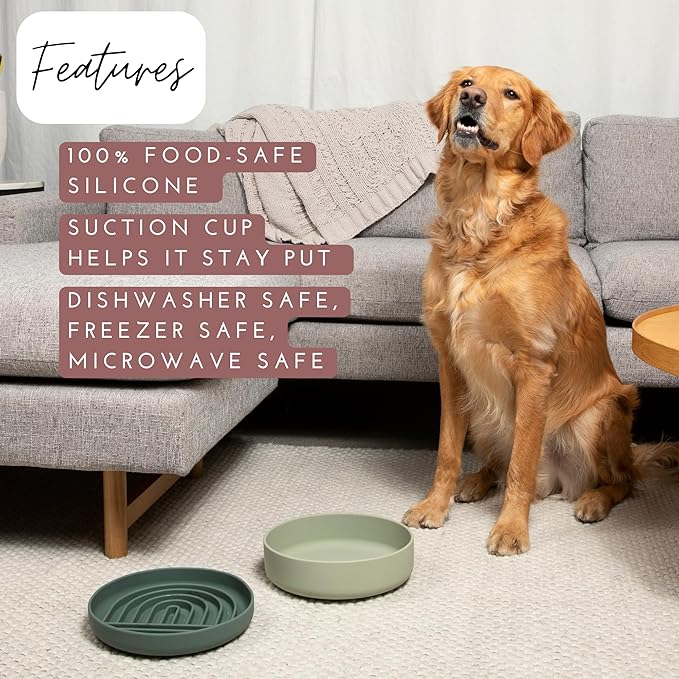 The Slowdown Bowl Silicone Slow Feeder for Dogs & Puppies, Slow Eating, Modern Lick Mat Design, Reduces Gulping, Fits 2.5 Cups 9.5” Across x 1.5” Tall, Mealtime Challenge, Large-Spruce-Ruum Studio Home