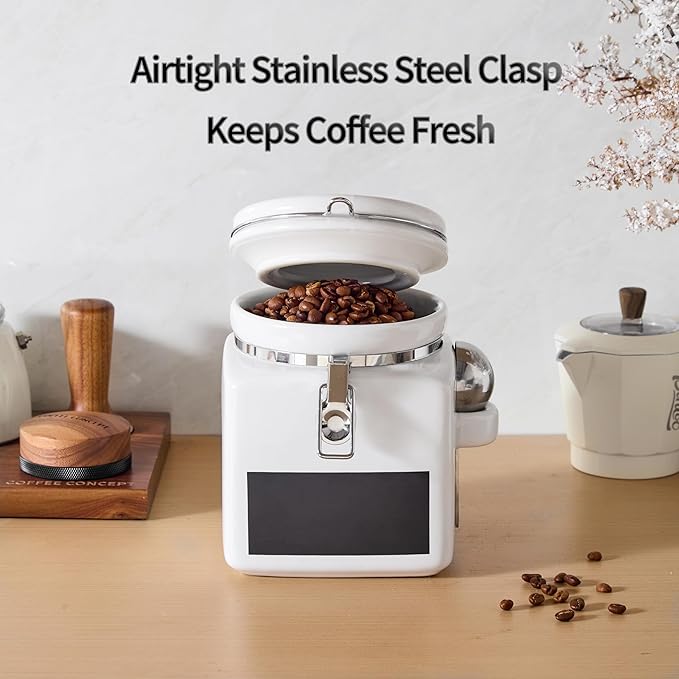 Ceramic Coffee Canister with Airtight Lid and Scoop, Large 74 Fl Oz / 2.2 L Kitchen Food Storage Container Jar for Grounds Coffee, Beans, Tea, Sugar, Flour, Cereal, Nuts, Cookie, White-Ruum Studio Home