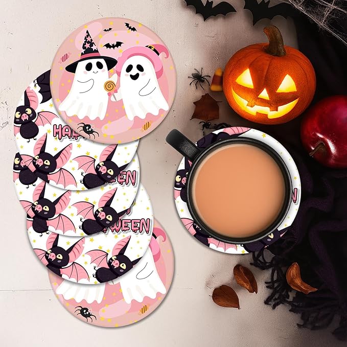 Coaster for Drinks Set of 6, Happy Halloween Cute Ghost Groovy Pink Absorbent Round Ceramic Stone Mat, with Cork Base and Metal Holder, Gift for Housewarming Room Bar Decor-Ruum Studio Home