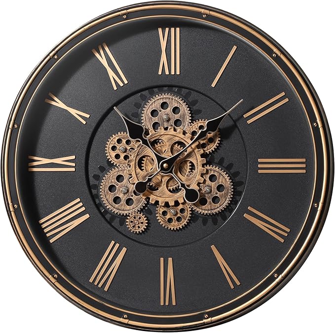 Maxstar Large Moving Gear Wall Clock,20" Vintage Mechanical Battery Operated Industrial Wall Clocks for Farmhouse Living Room,Home Office, Dinning Room, Kitchen, Steampunk Decor-Gold,Roman Numeral-Ruum Studio Home