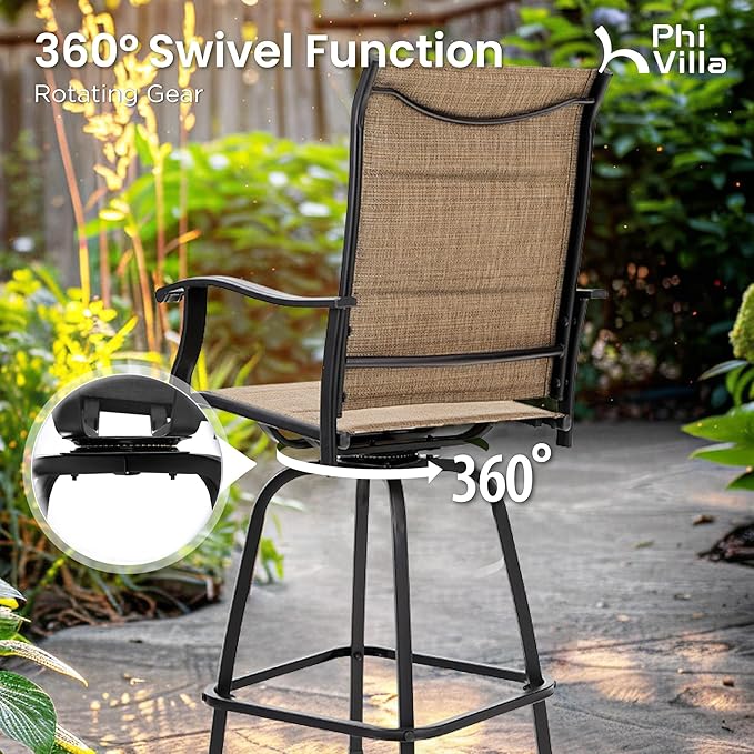 PHI VILLA 5 Piece Outdoor Bar Set, High Top Patio Dining Table and Chairs with 4 Swivel Padded Bar Stools (Brown) & Wood-Like Steel Bar Table for Deck, Garden, Poolside and Porch-Ruum Studio Home